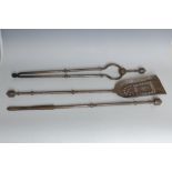 A set of three 19th Century polished steel Fire implements with bulbous finials