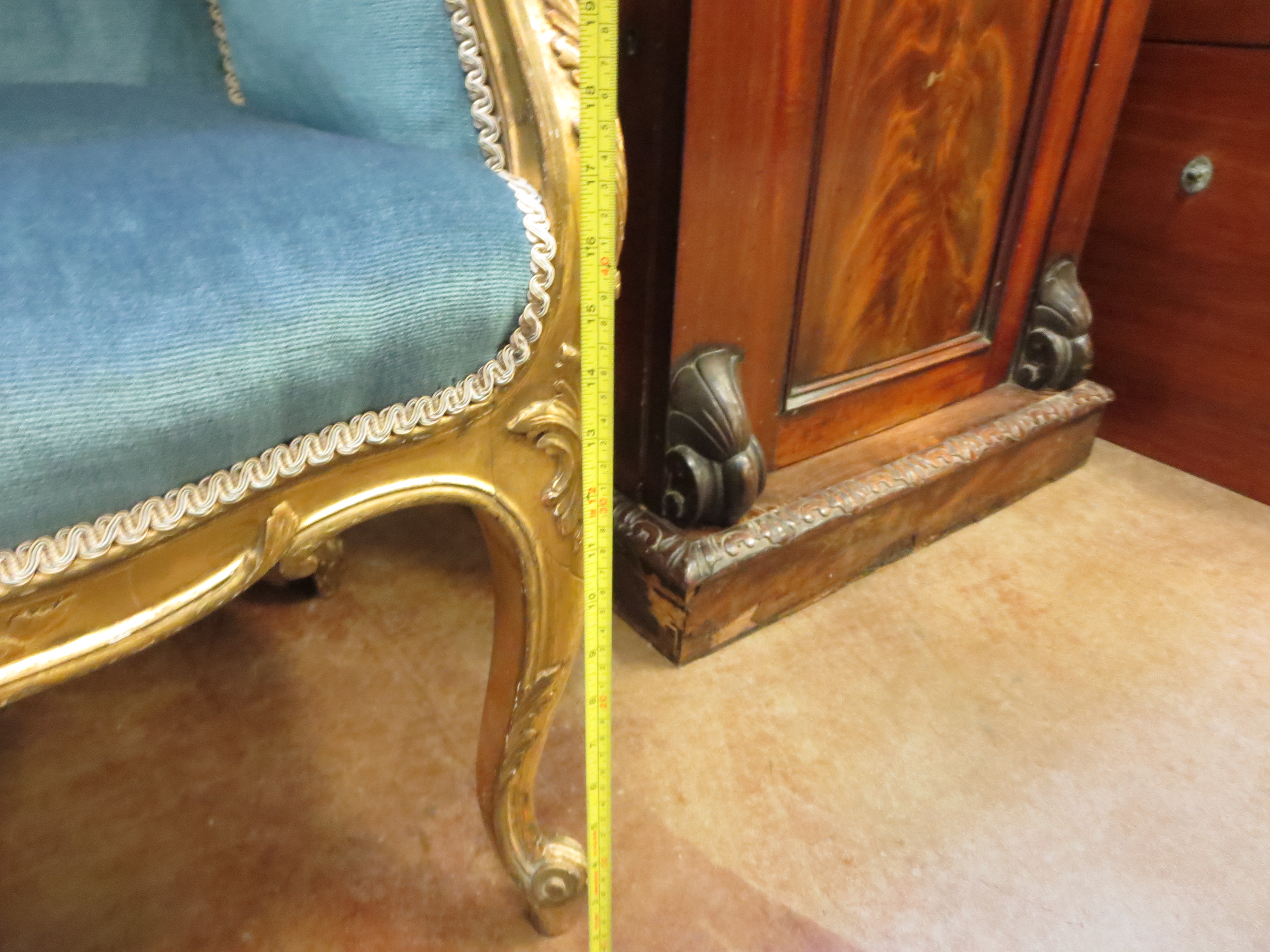 A gilt framed Window Chair with carved cresting rail, scroll shaped arms, upholstered in blue dralon - Image 2 of 7