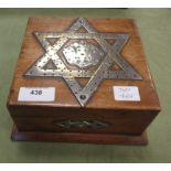 A Victorian oak Games Box with plated cribbage board surmount, containing counters, pegs, games,