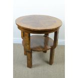 An Art Deco circular walnut Occasional Table with extending top, replaced leaf, with undertier,