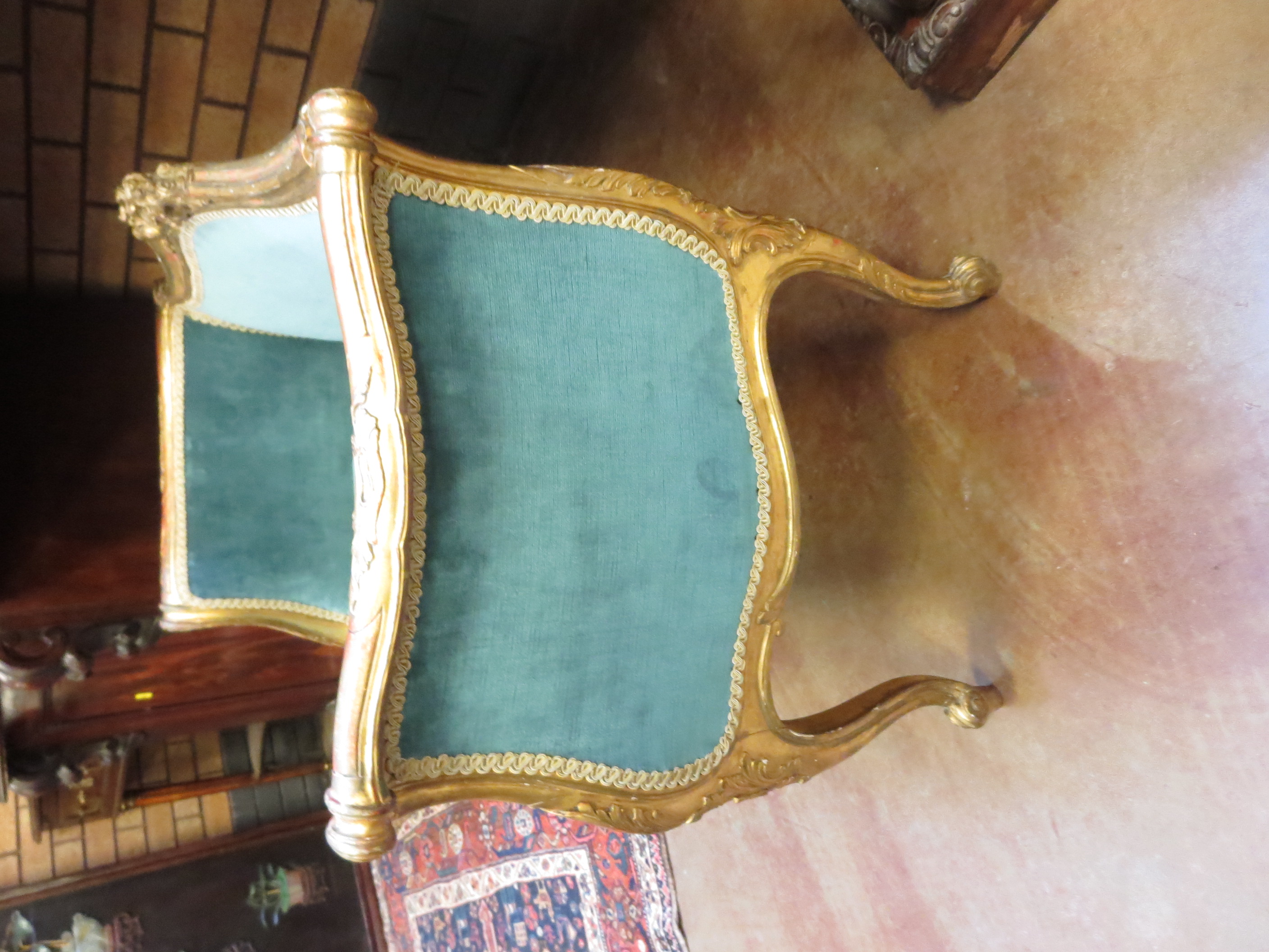 A gilt framed Window Chair with carved cresting rail, scroll shaped arms, upholstered in blue dralon - Image 5 of 7