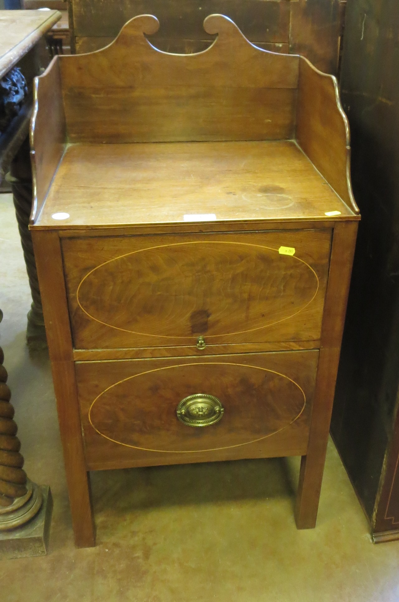 A Georgian mahogany converted Commode with shaped gallery above hinged compartment and drawer with