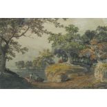 ATTRIBUTED TO GEORGE SAMUEL. A wooded  landscape with two figures pulling in a boat from a river,