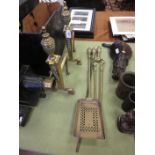 A set of three 19th Century brass Fire Implements and a pair of Adam style Fire Dogs with fluted urn