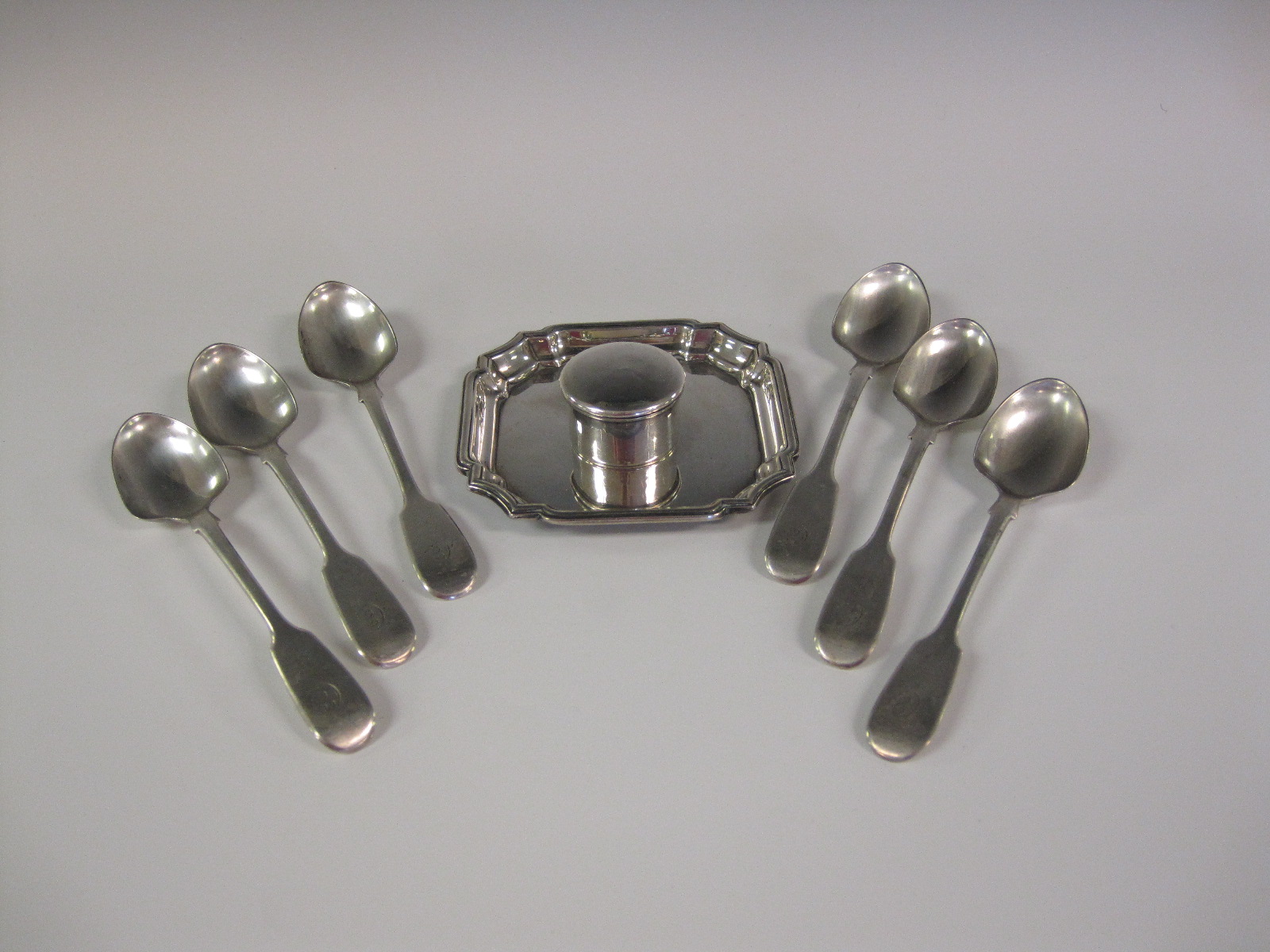 Six Victorian silver Egg Spoons, London 1860, a Pill Box, Birmingham 1909 and a square Pin Tray,