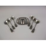 Six Victorian silver Egg Spoons, London 1860, a Pill Box, Birmingham 1909 and a square Pin Tray,