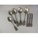 Three Victorian silver Table Spoons fiddle pattern, London 1838, two Dessert Spoons, and three Tea