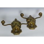 A pair of bronzed two branch Wall Sconces with shield backs, 13 1/2in