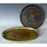 Two Pontypool floral Trays, one oval 21 1/2in, one circular, 15in