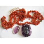 An Amethyst coloured Stone carved animals and birds, a loose stone and a Coral Necklace, A/F