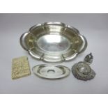 An Edward VII oval Inkstand Base, Birmingham 1909, silver mounted Salt, Trinket Dish, Lid, 800