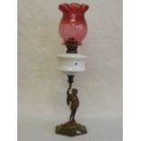 An antique oil lamp with cranberry glass