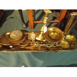 A Tray of Brass Ware to Include Candle S