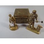 A Brass Box with Embossed Bird Decoration and Two Brass Figures, Miner and Blacksmith.