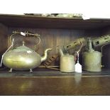 Two Brass Blow Torches, A Brass Kettle and A Brass Poker.