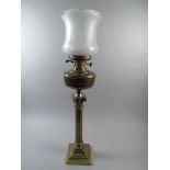 A Brass Corinthian Column Oil Lamp with Etched Shade