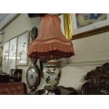 A Table Lamp with Ceramic Base Depicting Bird and Fruit.