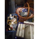 Four Boxes Containing Sundries to Include Lamps Dolls Boxes Ceramic Figures Etc.