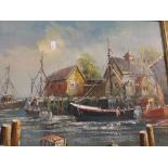 A Framed Continental Oil on Board Depicting Harbour Scene and Fishing Boats.