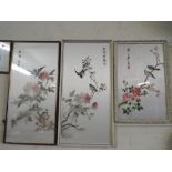 Three Framed Chinese Embroideries on Silk Depicting Birds and Flowers.
