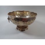 A 20th Century Silver Plated Punch Bowl with Inscription and Lion Mask Ring Carrying Handles.