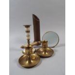 A Collection of Brass Items to Include Match Striker, Magnifying Glass and Candle Sticks.