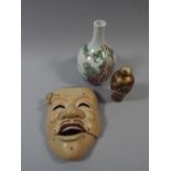A Japanese Noh Mask and Two Japanese Vases.