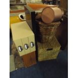 A Collection of Items to Include Wicker Baskets CD Racks Etc.