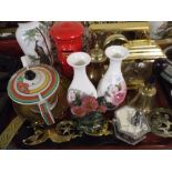 A Tray Containing Various Items to Include Oriental Glass Vase Horse Brasses Hand Bell Clocks Etc.