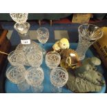 A Tray Containing Decanter Seven Glasses Cut Glass Vase and Figure Ornaments.