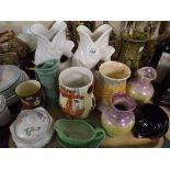 A Tray Containing Two Guggle Jugs Various Vases and Ceramics.