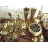 A Tray Containing Various Brass Ware Eastern Examples Vases Figures Bells Etc.