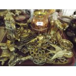 A Tray of Brass Ware to Include Horse Brasses Figures Copper Ewer Etc.