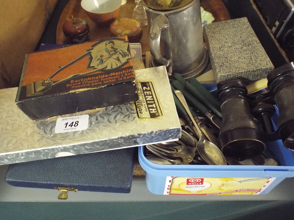 A Tray Containing Various Flatware Tankard Binoculars Cased Cutlery Etc.