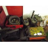 A Tray Containing Flat Irons A 1930's Monitor Camping Stove and One Other Etc.