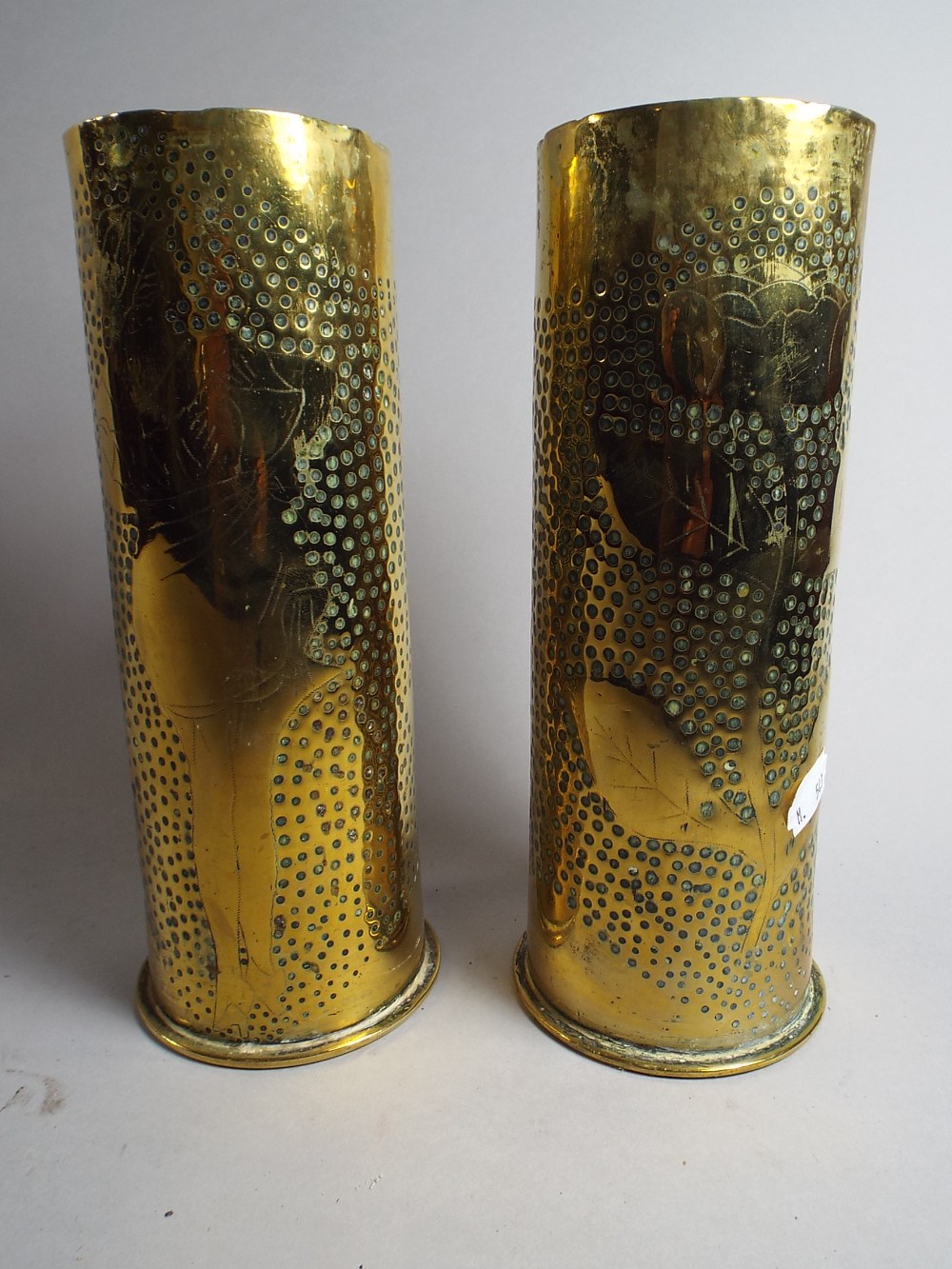 A Pair of Trench Art Shell Cases Depicting Maiden to One Side and Rose to The Other.