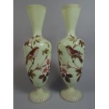 A Pair of Victorian Opaque Glass Vases with Painted Decoration Depicting Sparrows and Dog Roses.