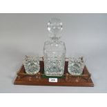 A Spirit Decanter and Two Edinburgh Crystal Whiskey Glasses on Mahogany Tray with Brass Gallery