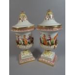 Two Caopdimonte Urns with Covers Decorated in Relief with Multicoloured Enamels Depicting