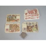 A Collection of Three Ten Shilling Notes and Three French Bank Notes Together with Victorian Crown