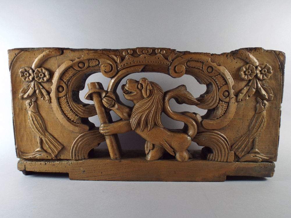 An Early Pierced and Carved Wooden Panel Depicting Lion, Birds and Flowers. 56cm Wide,18. - Image 4 of 5