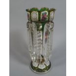 A Bohemian Green Glass Lustre Overlaid with White Glass and Decorated with Floral Cartouches to Top