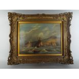 A Gilt Framed Oil on Canvas Depicting Fishing Barge Leaving Harbour in Storm.