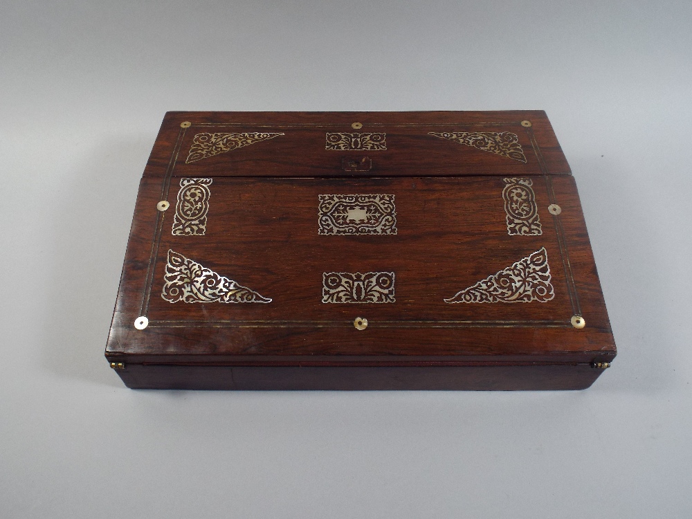 A 19th Century Mother of Pearl Inlaid Writing Slope with Fitted End Section. 35x24x18cm.