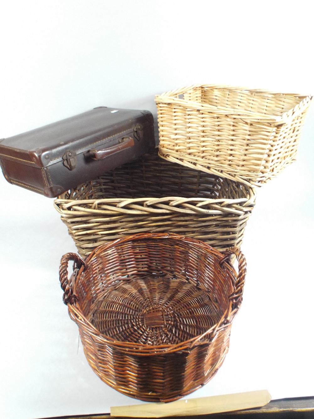 Three Wicker Shopping Baskets and a Small Vintage Case