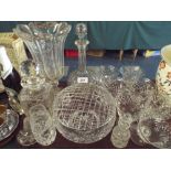 A Tray of Glassware to include Two Decanters, Rose Bowl,