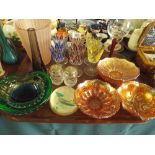 A Tray of Coloured Glassware to include Carnival Glass,