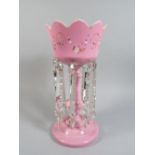 A Large Victorian Pink Glass Lustre Painted with Flowers and Butterfly Cartouches. Gilt Highlights.