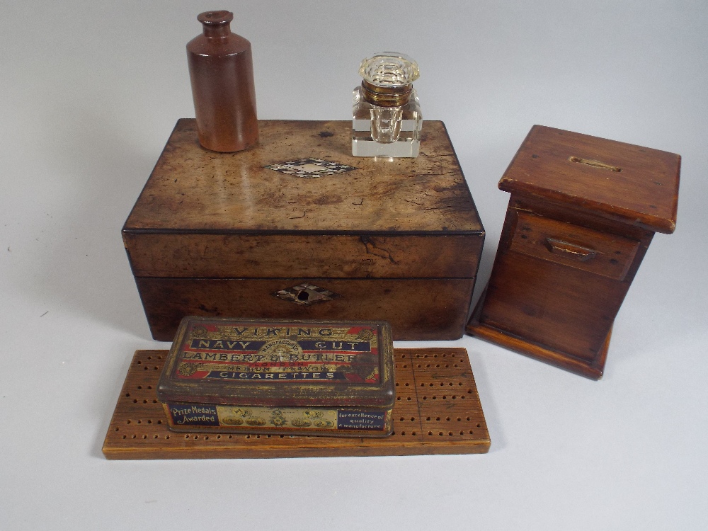 A Collection of Curios to Include Workbox, Money Bank, Tin, Inkwell Etc.