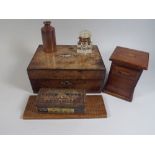 A Collection of Curios to Include Workbox, Money Bank, Tin, Inkwell Etc.